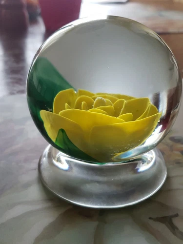 Charles Gibson Signed Footed Yellow Crimp Rose Paperweight St Clair Style EC