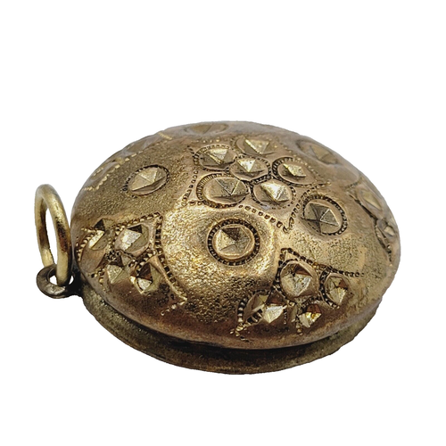 Mid 19th Century 1850s Elegant Domed Button Pendant Hand Tooled Metal Gold Tone - Picture 7 of 14
