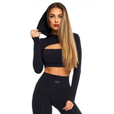 Womens Breathable Workout Hoodie, Cropped Top Pullover Hoodie Sweatshirt, Black