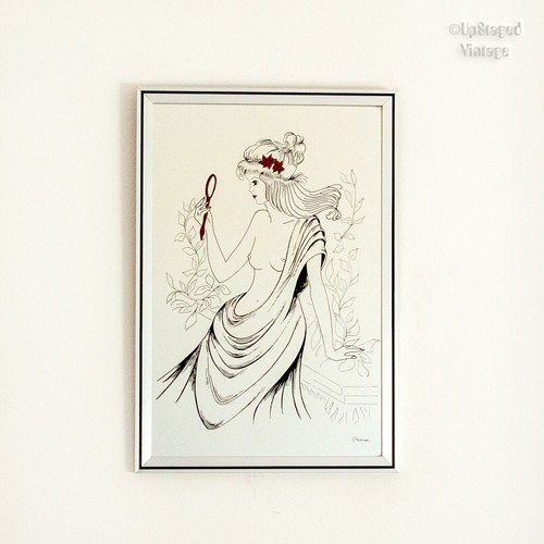 French Vintage 1970s Silver Framed Printed Line Picture Mirror Romantic