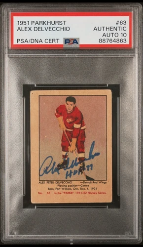 1951 Parkhurst 63 Alex Delvecchio Signed Rookie Card RC HOF 77 PSA Auto Grade 10