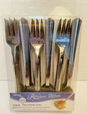 48 Mini Forks 4'' Silver Holiday Disposable Appetizer Dessert Utensils Tableware
