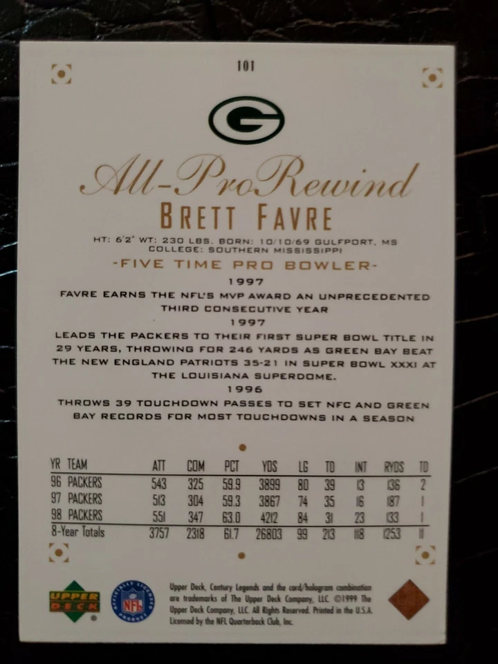 1999 Upper Deck Century Legends Brett Favre card #101 - Image 2 of 2