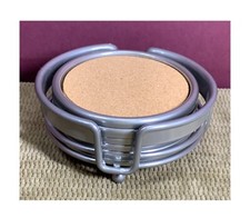 VERY NICE WELL METAL COASTER HOLDER WITH 6 METAL/CORK MATCHING COASTERS