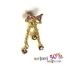 14G BOW PINK BELLY NAVEL RING CZ Jewelry Surgical Barbell Body Piercing 9009 2