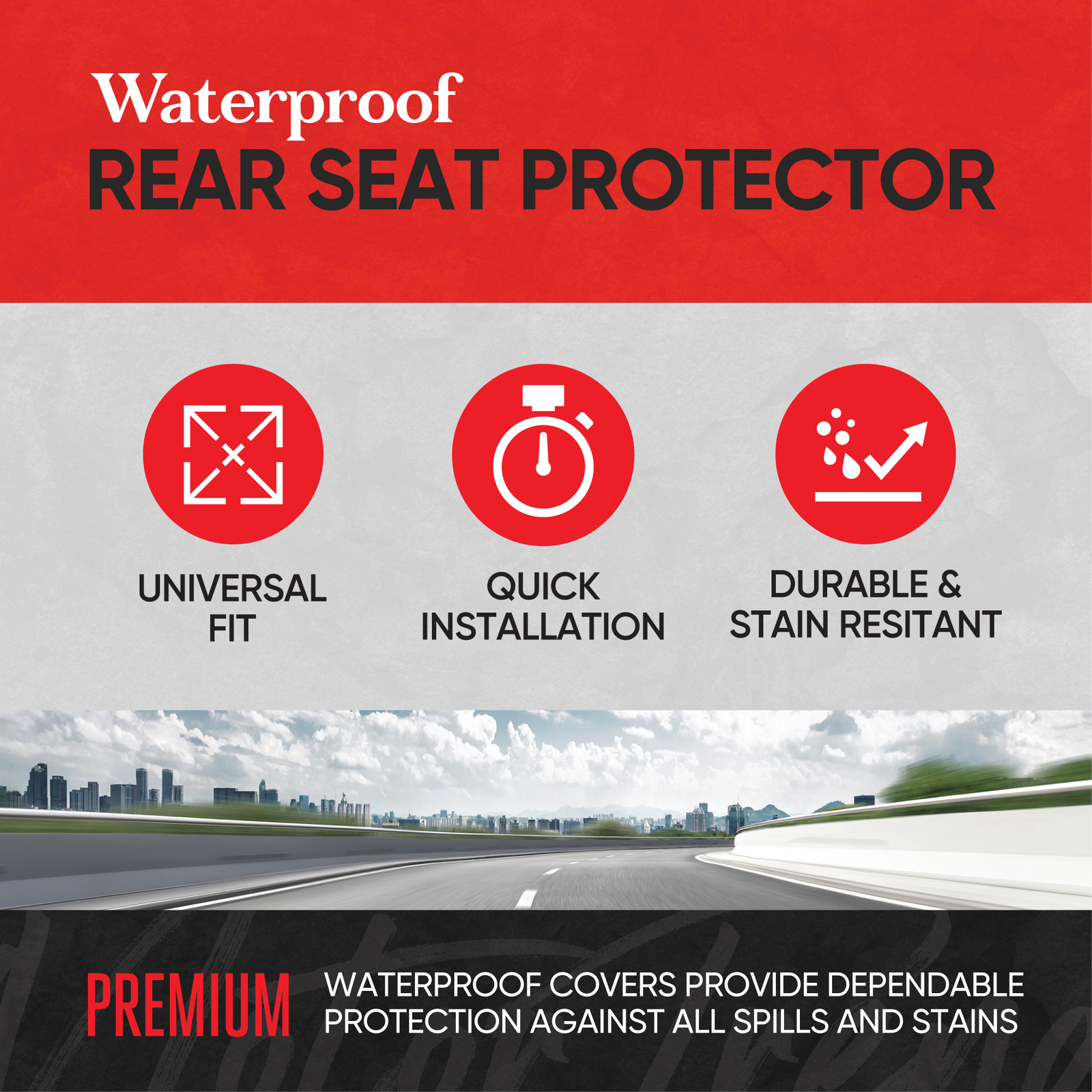 Motor Trend 100% Waterproof Full Size Rear Bench Car Seat Cover, Red Stitching