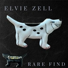 Enamel Copper Brooch Pin Signed Elvie Zell Smiling Dog White with Black Spots