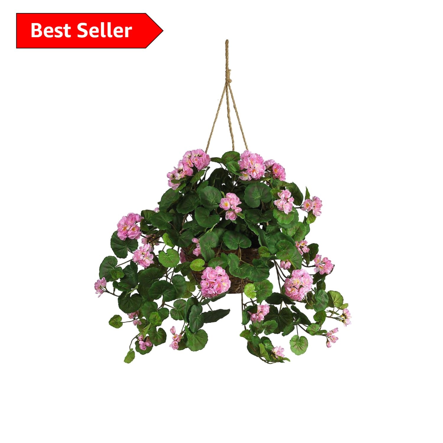 Lifelike 24in. Pink Geranium Hanging Plant in Wicker Basket - Stunning Accent