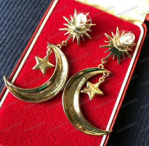 Pendientes de tachuelas de oro estrella creciente luna estrella celestial estilo vintage - Imagen 10 de 10