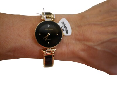 NEW BOX WOMEN'S ANNE KLEIN YELLOW GOLD TONE BLACK FACE WATCH SMALL FACE BRACELET