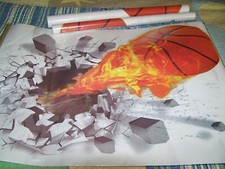 3 Basketball Wall Stickers, large, Removable vinyl, 24x18, Ball On fire 