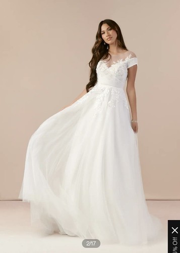 Azazie Cindy Diamond White A-Line Illusion Off The Shoulder Dress NWT 40x34x44