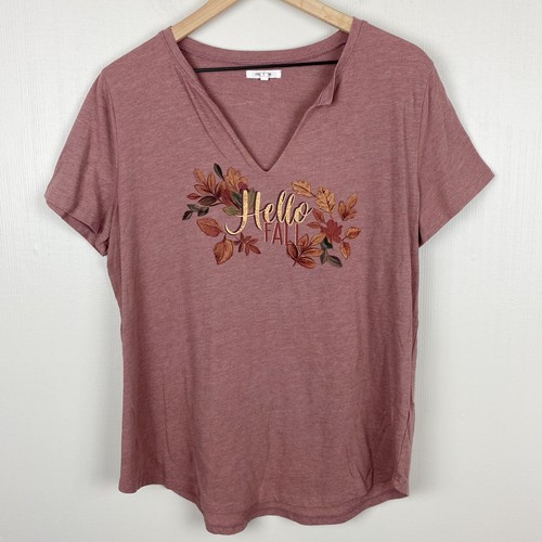 Maurices Shirt Damen L Dusty Pink Split V-Neck Hello Fall Graphic Tee Blätter