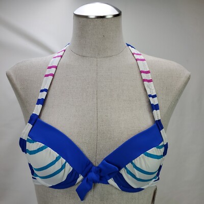 Liz Claiborne Bikini Swim Suit Halter Top Size Blue Stripe Padded