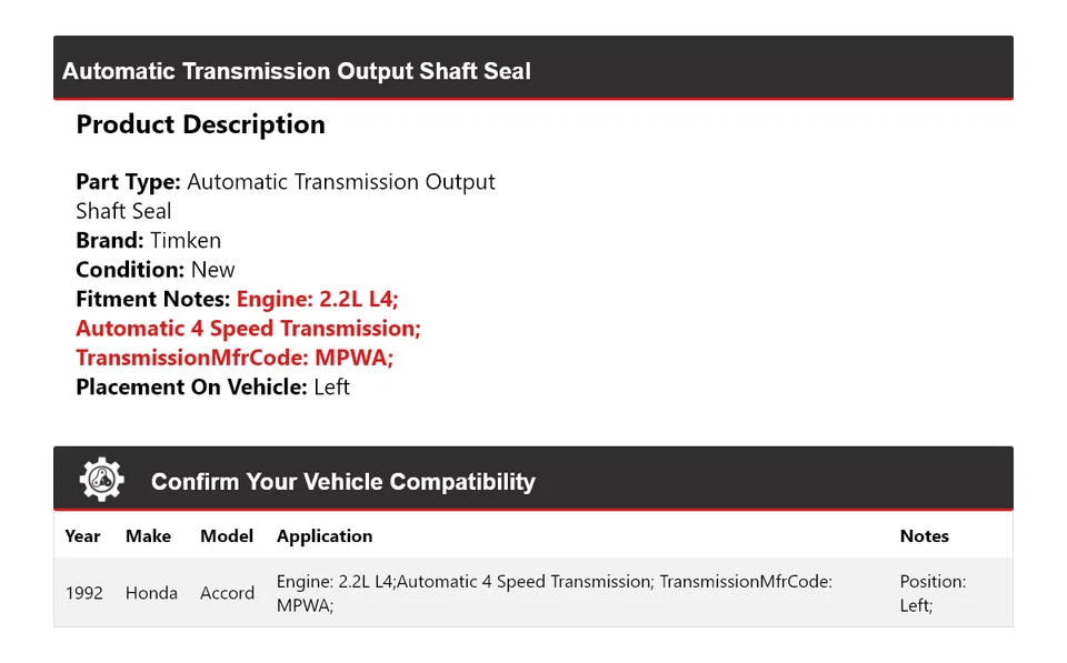 Para 1992 Honda Accord 2.2L L4 Auto Trans Saída Eixo Vedação Esquerda Timken - Imagem 2 de 4