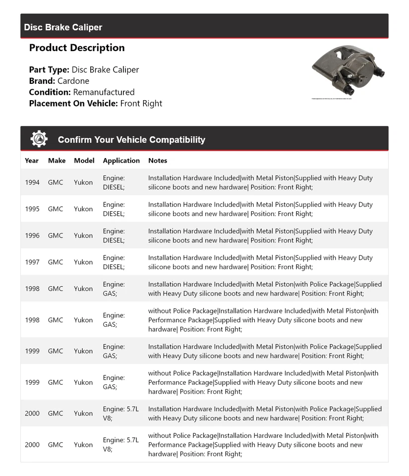Pinza de freno de disco delantera derecha Cardone 1995 1996 1997 para GMC Yukon 1994-2000 Foto 2 de 4