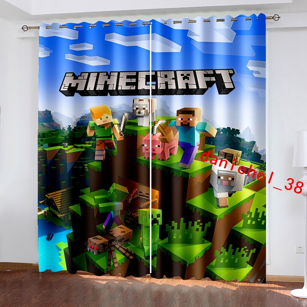 Minecraft Game Ready Made Pair Thick Blackout Curtains Thermal Ring top