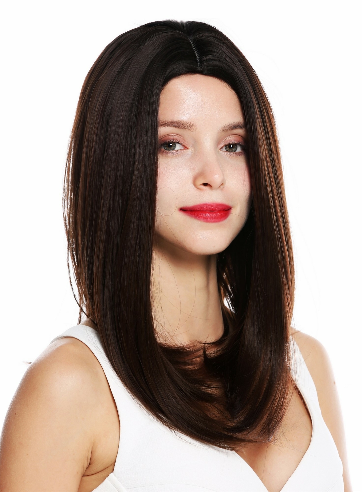 Wig Women's Medium Long Straight Center Part Mahogany Brown Mix