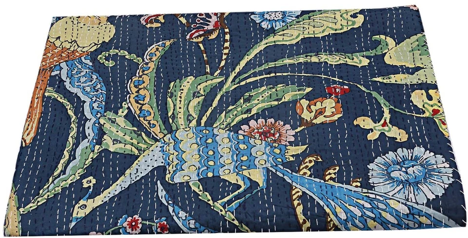 100% хлопок Kantha лоскутное одеяло королевский размер покрывало ручной работы темно-синий покрывало - Изображение 2 из 4