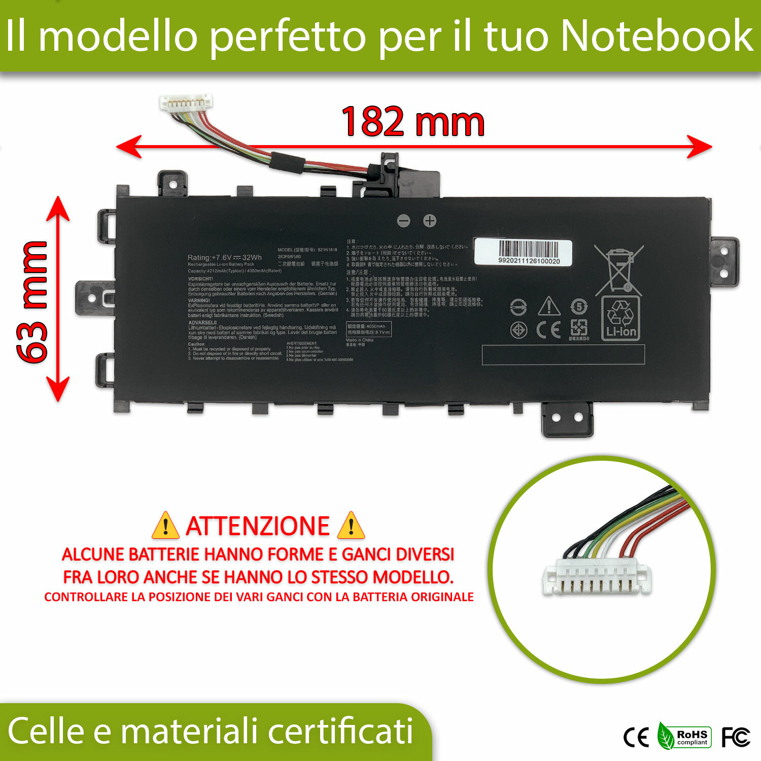 Batteria 7.6V per Asus X509FL-EJ256T X512FB-EJ230T - Testata 100% - 2
