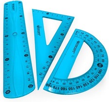 Westcott Flexi Geometry Set of 3 - Ruler, Protractor, Square set - Blue
