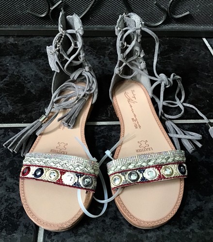 Vintage Havana Genuine Leather Suede Gray Sequined Lace Up Sandal Womens Size 7 - Picture 5 of 11