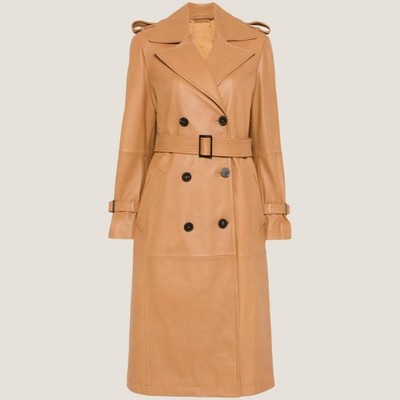 Women Camel Beige Long Belted Double Breasted Luxury Genuine Winter Long Coat