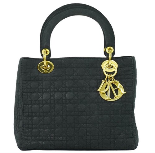 Christian Dior Lady Dior Cannage Hand Bag Black Canvas Gold Italy USED #HB