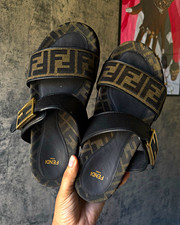 Fendi Logo Slide Sandals Black/Brown Adjustable Buckle Strap US 8.5, worn once
