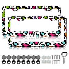 Colorful Leopard Print License Plate Frames 2 Pack Cheetah Holder Rustproof