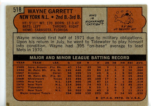 1972 Topps - Wayne Garrett #518 - Picture 2 of 2