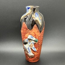 SUMIDA ware Colored relief vase 7.2 inch Japanese Antique Pottery Pot Meiji Era