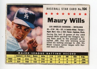 1961 Post Maury Wills (Hand Cut) #164 Dodgers