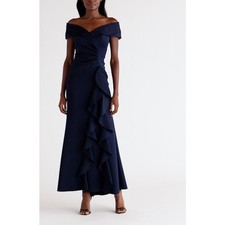 Xscape Navy Ruffle Off the Shoulder Scuba Knit Formal Evening Gown Size 16
