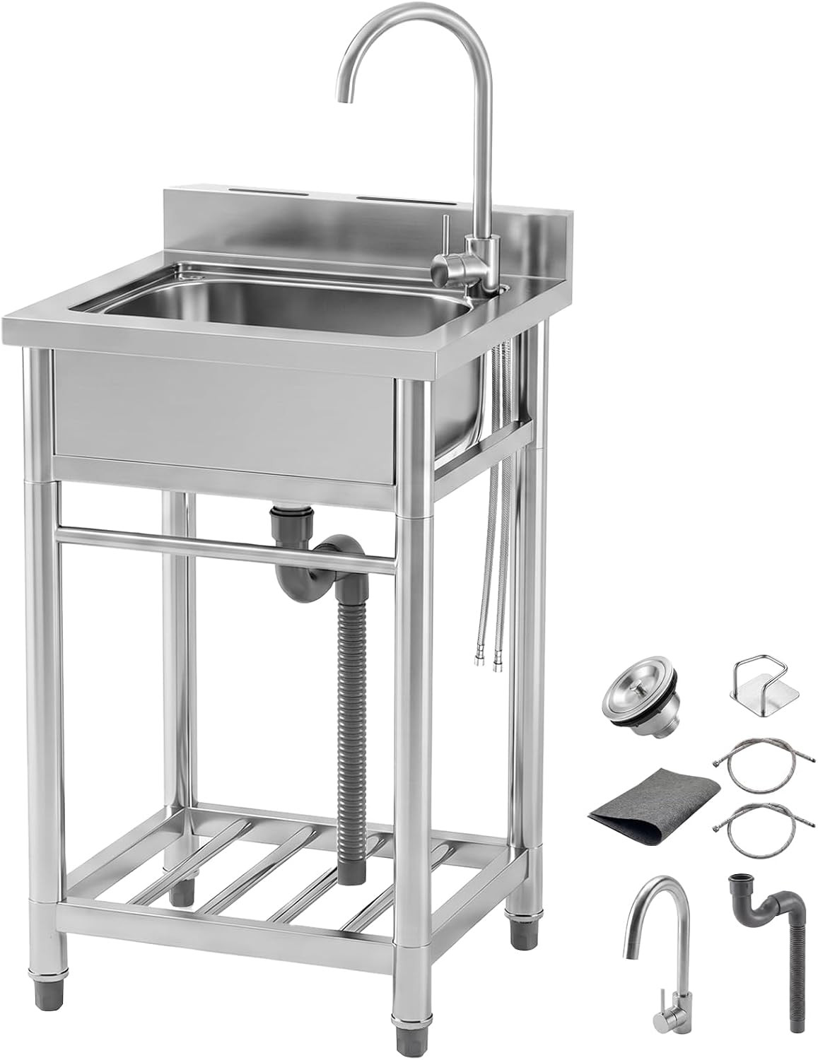 Freestanding Stainless Steel Laundry Sink 21 Inch Hot Cold Faucet Garage Use