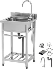 Freestanding Stainless Steel Laundry Sink 21 Inch Hot Cold Faucet Garage Use