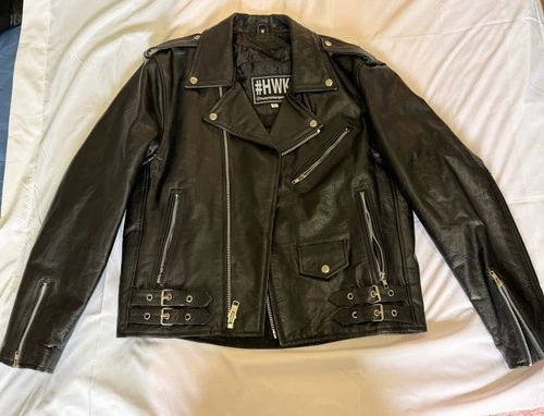 HWK Men's Black Leather Biker Jacket M Full Zip Zipper Pockets Buckle - product listing photo