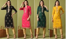 Indian Women Rayon Black Ethnic Motifs Gold Foil Printed Kurta Kurti Tunic Dress