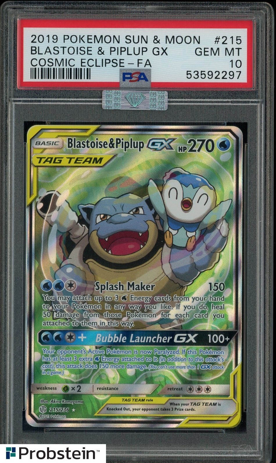 2019 Pokemon S&M Cosmic Eclipse #215 FA Blastoise & Piplup GX PSA 10 MBA Silver