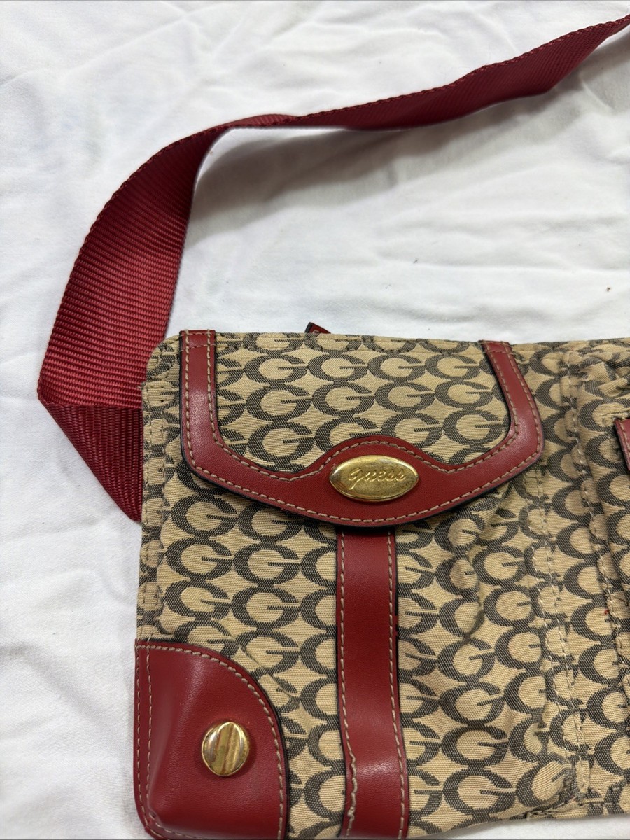Vintage Guess Waist Bag Purse Beige Red 12x6.5 Metal Clasp Zipper