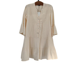 Quince Women's 100% Organic Cotton Gauze Long Sleeve Tiered Mini Dress Cream S