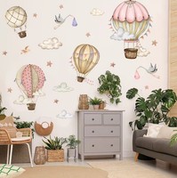 Wall Sticker Animals Hot Air Balloon Clouds Wall Decal Pink Color For Children's