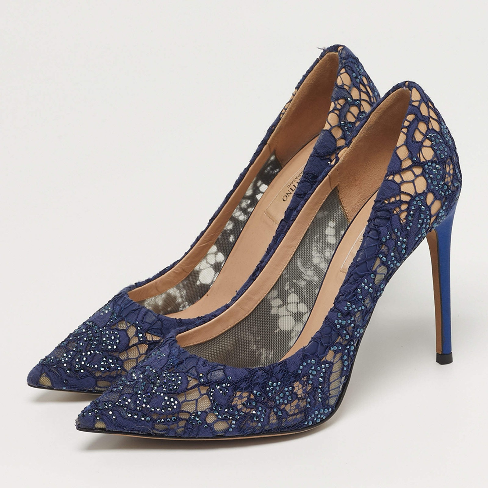 Valentino Size 38 Navy Blue Lace Crystal Embellished Pointed Toe Pumps thumbnail 2