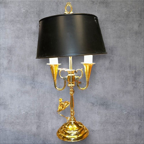 Vintage Horn Bouillotte Table Lamp with Original Black Shade