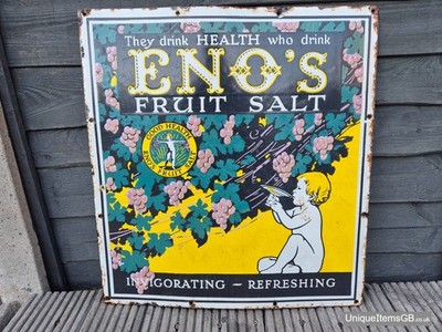 Frühes ENOS FRUIS SALT Emailschild Werbung Porzellanschild 21,5'' x 20''