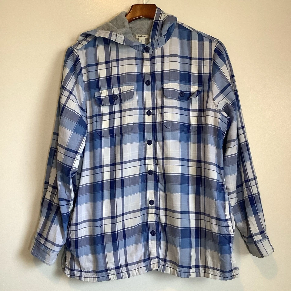 LL Bean Azul Gris Cuadros Forrado de Vellón Franela Camisa con Capucha Chaqueta Chaqueta MEDIANO Foto 4 de 4