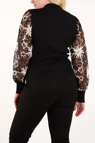 Neu hochgeschlossener Pullover für Damen mit Spitze & Stickereiärmeln Freizeit Oberteil neu mit Etikett - Bild 5 von 9