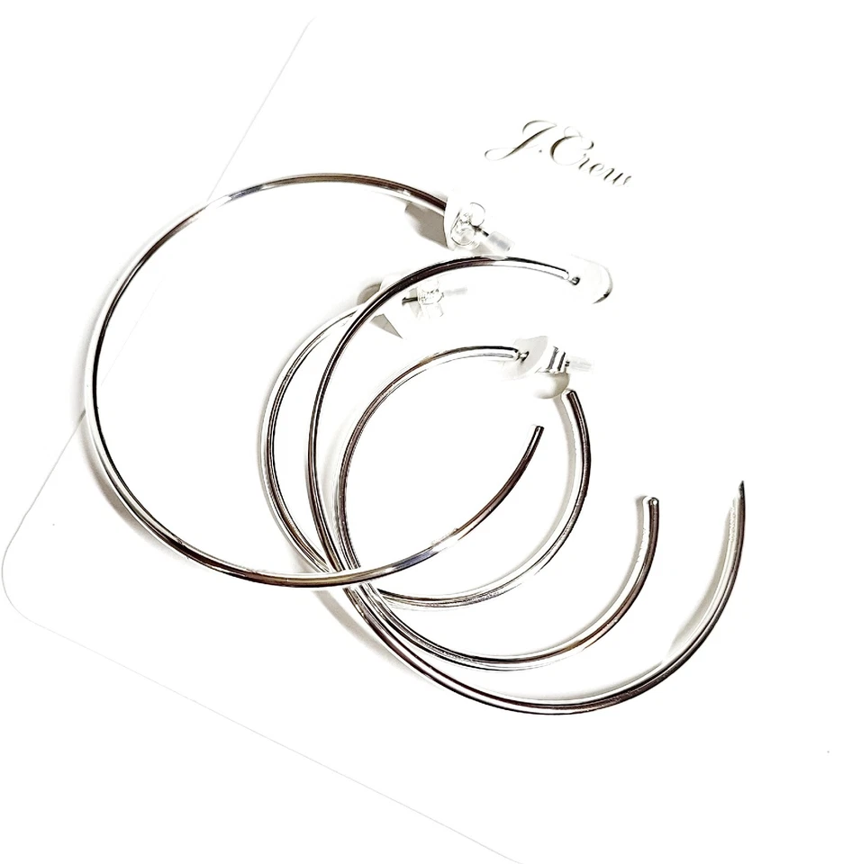 J.Crew Thin Hoop Earrings Set Metallic Silver Brass Surgical Steel BE648 NWT - Image 4 of 4