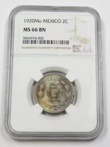1920 Mo NGC MS66 BN Brown MEXICO - Toned Dos Centavos Two 2C Coin #33909A