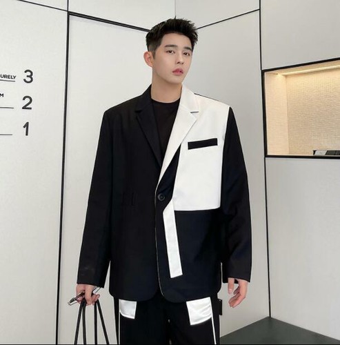 Men's Youth Fashion Black White Two Tone Lapel Blazer Jacket Casual Outwear SUNS - Picture 14 of 14